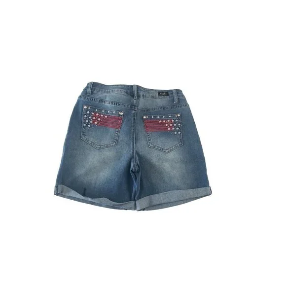 NEW EARL JEANS USA FLAG EMBROIDERED EMBELLISHED POCKET SHORTS SZ 10 - Picture 3 of 7